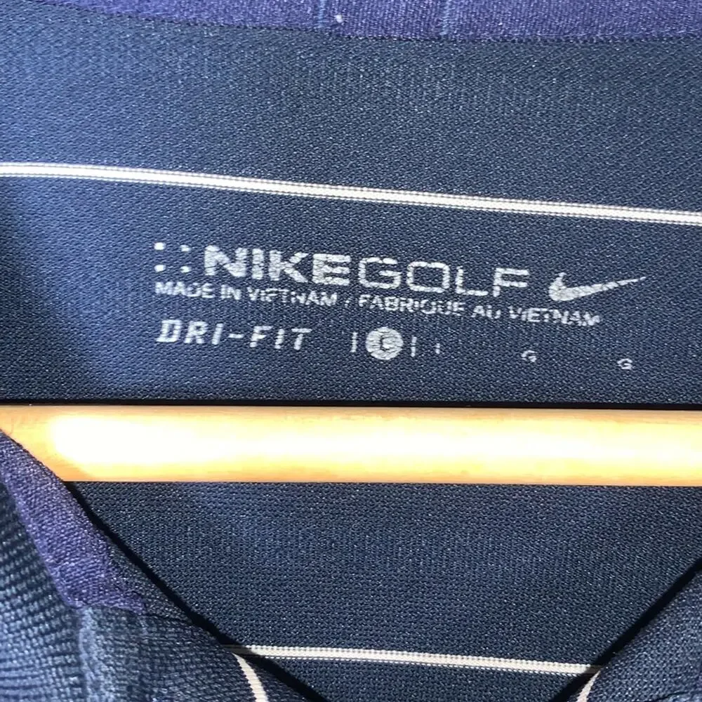 Nike golf dry fit polo shirt top navy blue w/ white stripes size L large B96